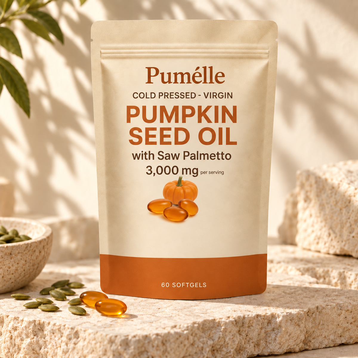 Pumélle pumpkin seed oil pouch with seeds and golden softgels