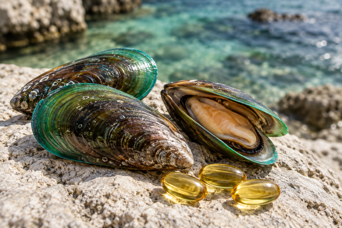 Green lipped mussels and golden oil capsules on coastal limestone