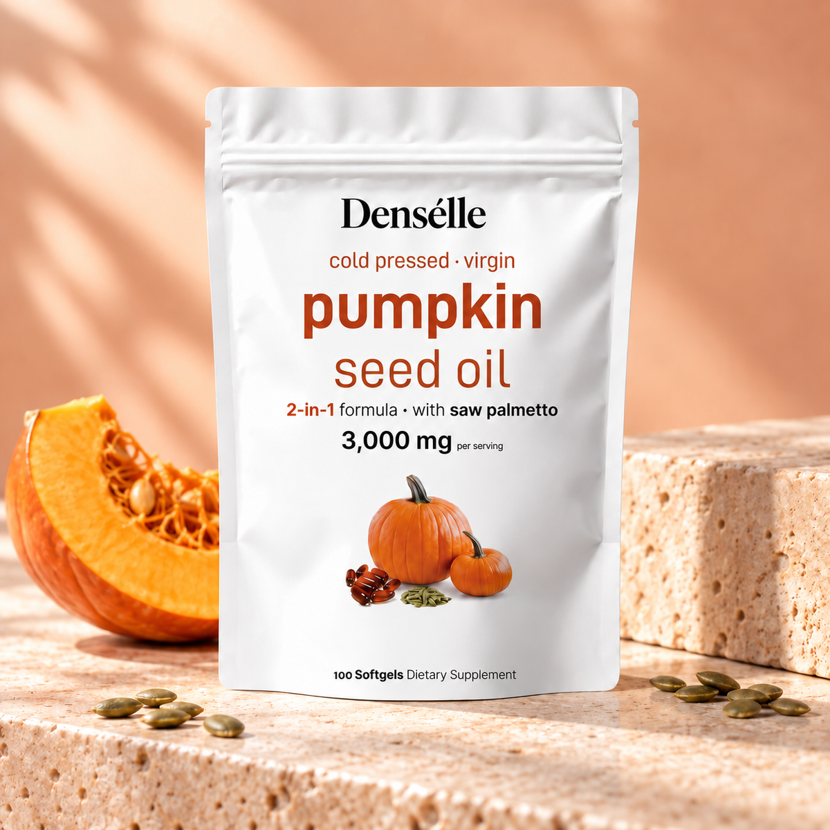 Densélle pumpkin seed oil pouch on peach limestone