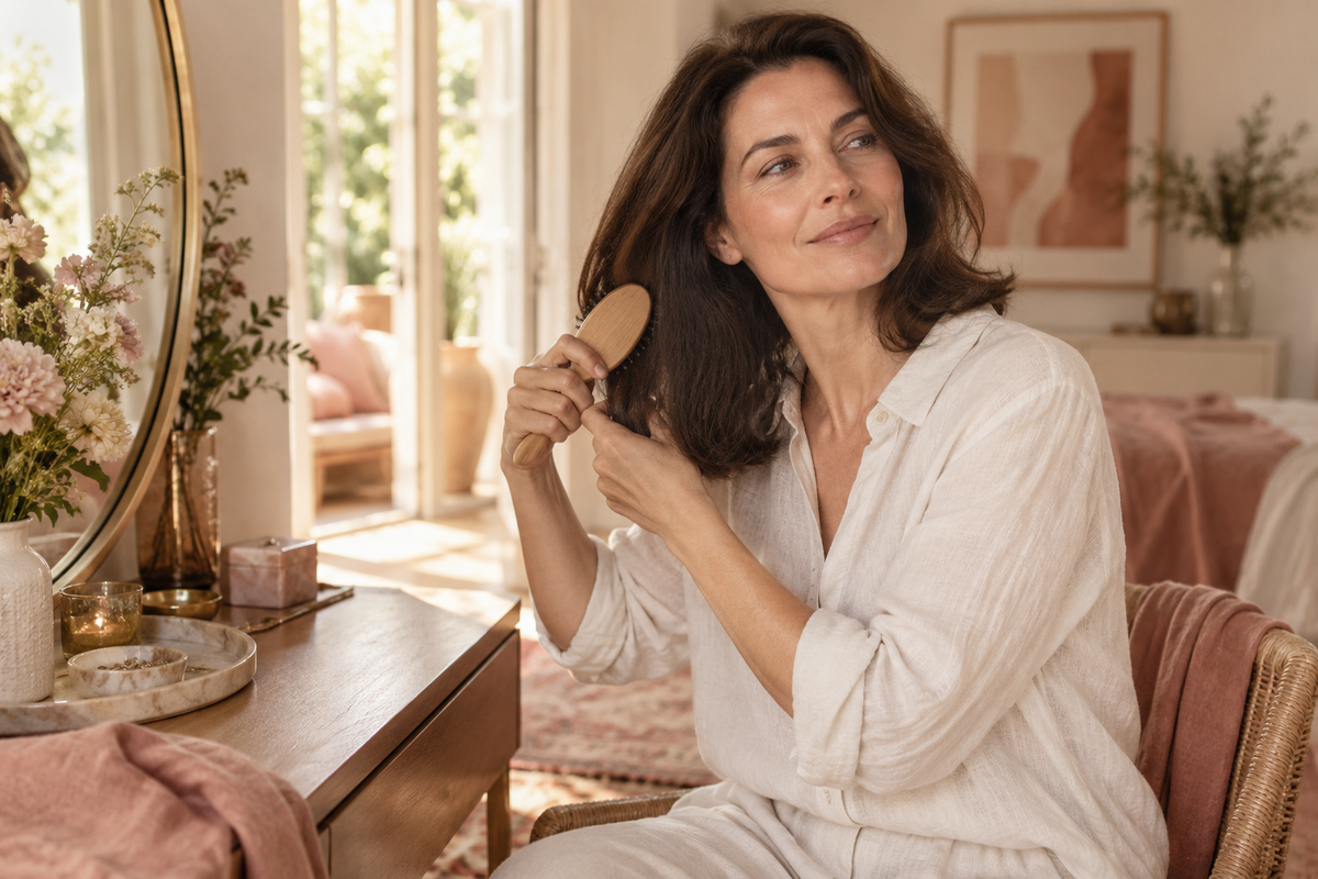 Woman brushing her hair beside a mirror in natural light